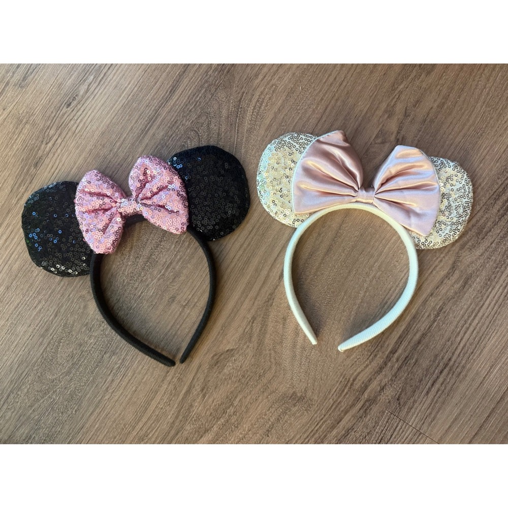 Set of 2 Minnie Mouse Sequin Ear Headbands Pink Black and Rose Gold Champagne